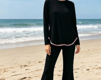 Black Rayon Spandex Loungewear Set, Women's Long Sleeve Flare Pants Lounge Suit