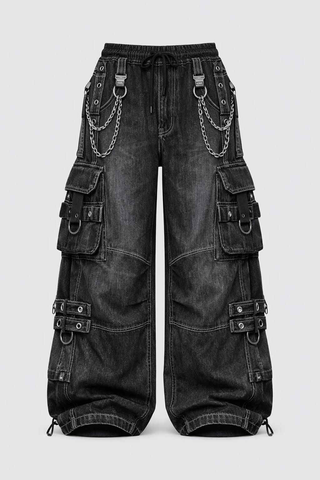 Unisex Black Washed Denim Gothic Cargo Jeans Wide Leg Baggy Y2K Alternative Streetwear Pants