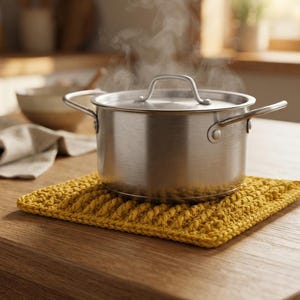 May include: A stainless steel cooking pot with a matching lid and side handles, emitting visible steam. The pot rests on a square, mustard yellow crocheted trivet with a textured, ribbed pattern, placed on a wooden surface.