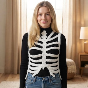 May include: A white crocheted waistcoat featuring a rib cage design worn over a black long-sleeved mock neck top and blue denim jeans. The waistcoat has a sleeveless cut with a central spine detail and horizontal ribbing extending across the chest.