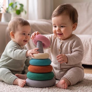 May include: A stacking toy consisting of a central gray post and five textured rings in shades of dusty pink, cream, teal, terracotta, and dark green. The rings are arranged in a conical shape, with the smallest pink ring placed at the top.