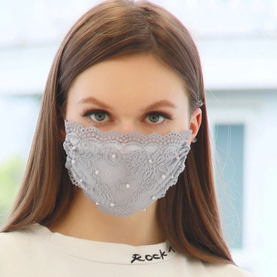 Gray Lace Face Mask With Pearls Beautiful for Work or Wedding Etsy