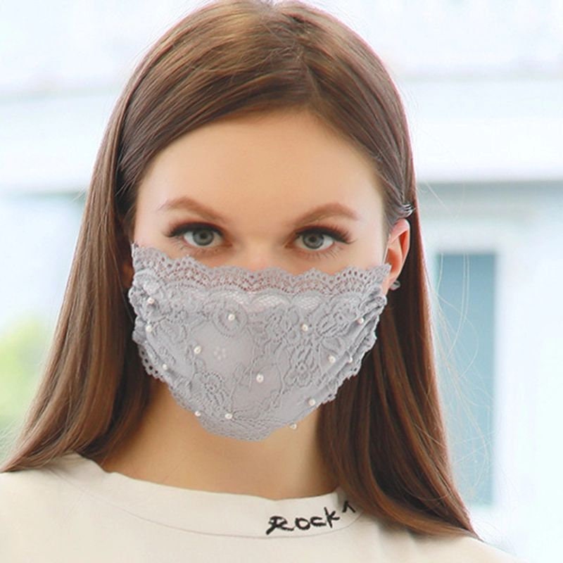Gray Lace Face Mask with Pearls- Beautiful for Work or Wedding Face M…