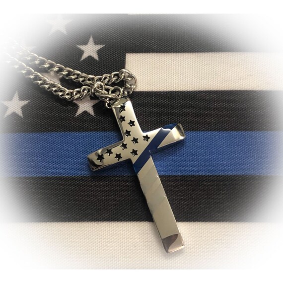 Thin Blue Line Flag Necklace Stainless Steel Cross With Etsy