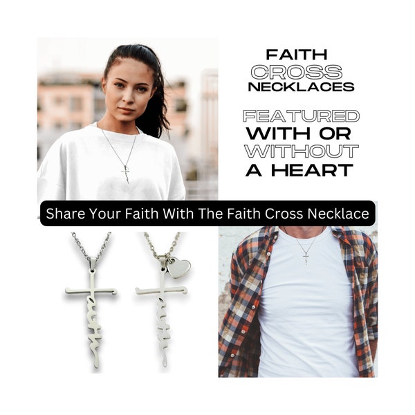 Faith Cross Necklace Stainless Steel with 20" Stainless Steel Chain, With or Without Heart Pendant