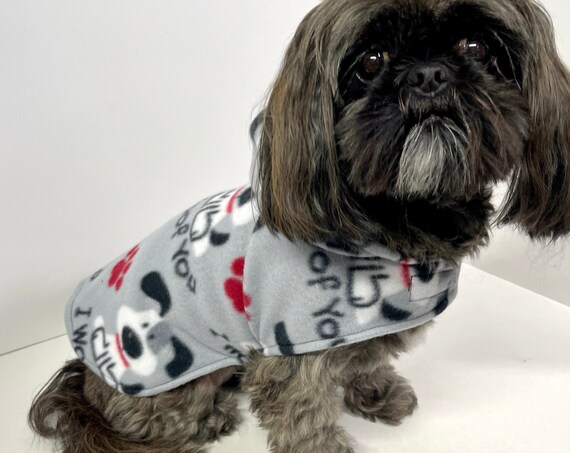 Gray Dog Hoodie, Fleece with "I Woof You" print and cartoon dogs