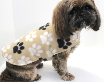 Dog Coat Jacket, Double Fleece Dogs Sweater, Straw Tan with Paw Prints