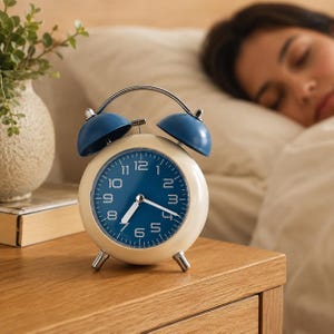 May include: A round analog alarm clock with a cream-colored metal body and a deep blue face. It features two blue bells on top, silver hands, and white Arabic numerals from one to twelve. The clock stands on two small silver metal legs.
