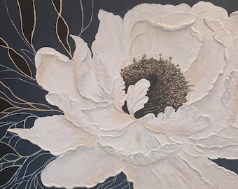 Breath of the White Peony | Original Textured Floral Painting | Wall Art | Neutral Textured Canvas | Handmade Acrylic Artwork | 16 x 20