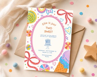 Puede incluir: Una tarjeta de invitación de cumpleaños rectangular con un marco ovalado festoneado rosa con el texto Ellie is just TWO SWEET, JOIN US TO CELEBRATE ELLIE'S 2ND BIRTHDAY, MONDAY, SEPTEMBER 15 FROM 6-9 PM, 123 Anywhere street, Any city, y un pastel.