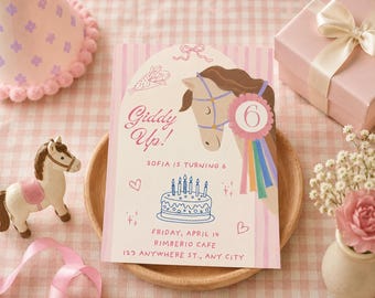 May include: A rectangular birthday invitation card featuring a brown horse illustration, a pink ribbon with the number 6, a birthday cake, and the text Giddy Up! Sofia is turning 6, Friday, April 14, Rimberio Cafe, 123 Anywhere St., Any City.