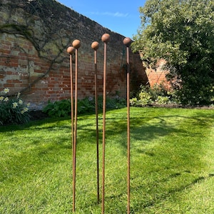 May include: Five tall, slender metal garden stakes with a rusted, weathered finish. Each stake features a spherical topper at the top end. The stakes are arranged in a vertical cluster, standing upright with thin, straight shafts and round finials.