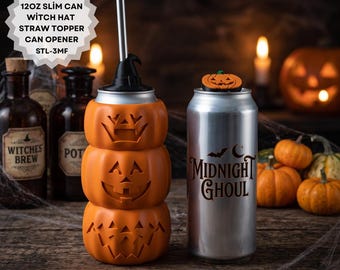 Ensemble citrouille STL 3MF | Fichier d'impression 3D pour refroidisseur de canette slim 35 cl | Chapeau de sorcière pour paille et ouvre-boîte | Modèle 3D Halloween à télécharger