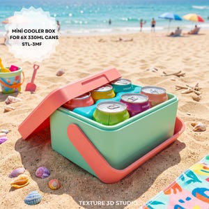May include: A light green mini cooler box with a coral lid and handle, designed to hold 6x 330ml cans. The text on the image reads: MINI COOLER BOX FOR 6X 330ML CANS STL-3MF. The cooler is open, revealing six colorful beverage cans inside.