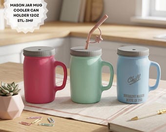 Fichier STL imprimable en 3D pour mug Mason Jar | Mug isotherme 35 cl | Porte-canette isotherme | Téléchargement instantané