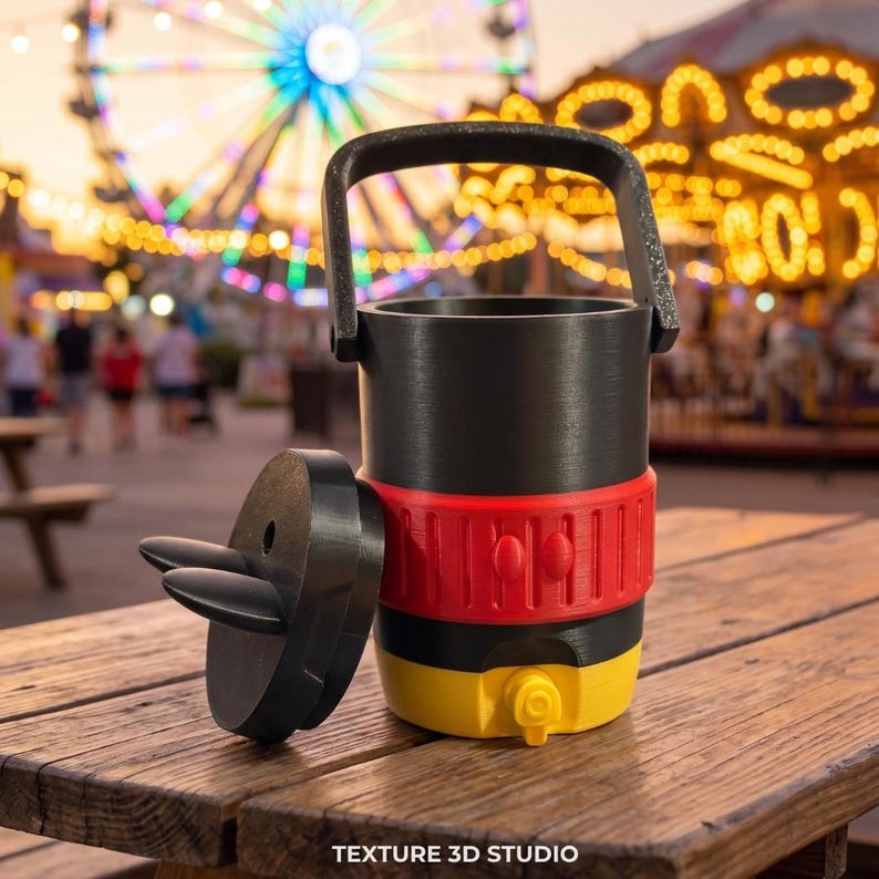 May include: A black, red, and yellow beverage cooler with a top handle, a removable lid featuring two black protrusions, and a yellow spigot at the base. The cooler has a textured black upper section, a red middle band, and a yellow bottom section.