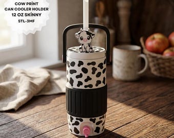 Fichier STL skinny canette imprimé vache | Porte-canette de soda mince de 12 oz et décoration en paille de vache | Conception mignonne | Fichier d'impression 3D FDM | Téléchargement instantané