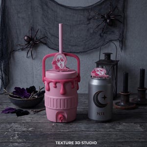 May include: A pink insulated beverage cooler with a handle, a straw, and a dripping paint design, featuring a Ghostface character topper with heart eyes. Beside it is a silver can-shaped tumbler with a crescent moon and star logo and text.