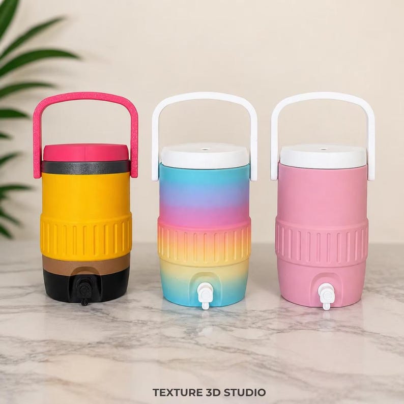 May include: Three cylindrical beverage coolers with handles and spigots. The left cooler is yellow, black, and pink. The center cooler features a rainbow gradient of blue, purple, pink, and yellow. The right cooler is solid pink with a white handle and lid.
