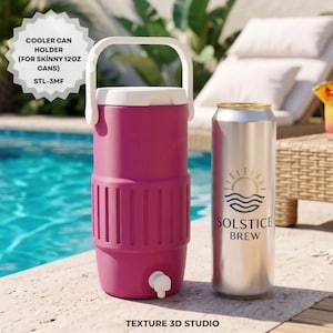 May include: A magenta cooler can holder with a white handle and a white spigot, designed for skinny 12oz cans. The text on the label reads: COOLER CAN HOLDER (FOR SKINNY 12OZ CANS) STL-3MF. Next to it is a silver slim can labeled SOLSTICE BREW.