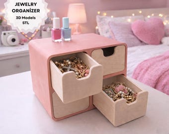 Organiseur à bijoux avec tiroirs, boîte de rangement pour maquillage, organiseur de bureau pour coiffeuse, stl