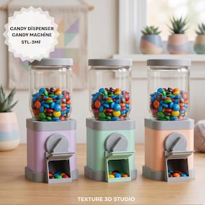 Dispensador de doces imprimível em 3D (STL 3MF), máquina de doces com pote giratório, dispensador estilo chiclete, montagem sem cola, presente para crianças, download instantâneo.