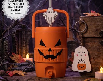3D Print STL Halloween Pumpkin 12oz Can Holder Bundle | Ghost Straw Topper & Can Tab Opener Keychain | Spooky Soda Can Cooler STL 3MF