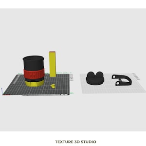May include: A 3D digital rendering of a cylindrical container with a black top, red middle band, and yellow base, accompanied by a yellow rectangular piece, a small yellow component, a black rounded lid, and a black curved handle component.