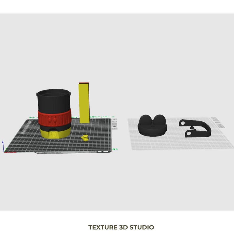 May include: A 3D digital rendering of a cylindrical container with a black top, red middle band, and yellow base, accompanied by a yellow rectangular piece, a small yellow component, a black rounded lid, and a black curved handle component.