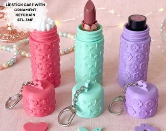 Lot de 3 porte-clés étuis à rouge à lèvres mignons (fichier STL) | Supports à baume à lèvres imprimables en 3D | Breloque fleur, cœur et papillon | Téléchargement STL 3MF
