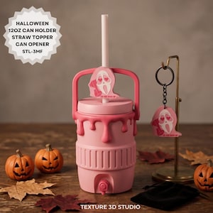 May include: A pink 12oz can holder with a drip design, a straw topper featuring a ghost character with heart eyes and the text DO YOU HANG UP, and a matching keychain. The set includes a can opener, all displayed with small jack-o'-lanterns.
