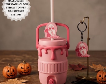 Ensemble porte-canette fantôme rose d'Halloween 3D (35 cl) | Modèle 3D mignon et effrayant pour canette de soda | Bouchon à paille et ouvre-canette (STL 3MF)