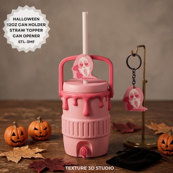 3D Print STL Halloween Pink Ghost 12oz Can Holder Bundle | Cute Spooky Soda Can Cooler 3D Model | Straw Topper & Opener STL 3MF