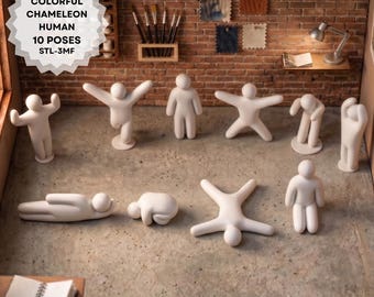 Ensemble de figurines colorées de style caméléon, 10 modèles humanoïdes posables, imprimables en 3D, 3MF et fichiers STL à téléchargement numérique