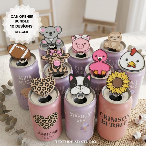 3D Printed Can Opener STL File Bundle | 10 Cute Animal Designs | Can Tab Opener Cover | STL 3MF FDM Printer | Instant Digital Download