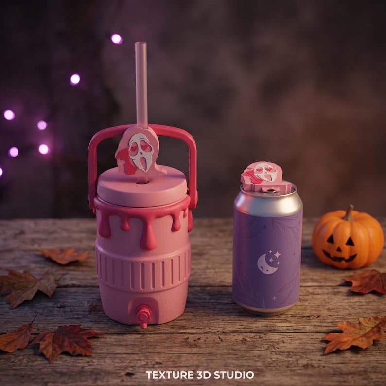 May include: A pink beverage cooler with a handle, a straw, and a ghost-shaped topper featuring heart-shaped eyes, alongside a purple can cooler with a moon and star graphic and a matching ghost topper, with the text TEXTURE 3D STUDIO at the bottom.