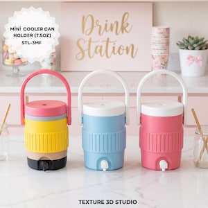 May include: Three mini cooler can holders for 220ml cans. The left cooler has a pink handle, pink lid, yellow body, and black base. The middle cooler is light blue with a white lid and handle. The right cooler is pink with a white lid and handle.