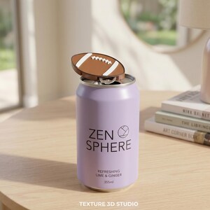 K&ouml;nnte beinhalten: Eine hellviolette Aluminium-Getr&auml;nkedose mit der Aufschrift ZEN SPHERE REFRESHING LIME & GINGER 355ml. Auf der Oberseite der Dose befindet sich ein braun-wei&szlig;er Aufsatz in Form eines Footballs. Die Dose ist zylindrisch mit glatter Oberfl&auml;che.
