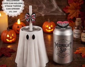Ghost Can Cooler STL Set | 12 oz Soda Can Holder, Straw Topper & Can Opener 3D Print File | Spooky Halloween Drinkware Bundle