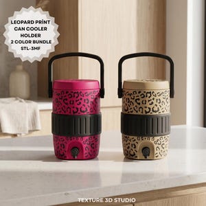 May include: A two-piece bundle of cylindrical can cooler holders with black handles and spigots. One holder is bright pink with a black leopard print, and the other is tan with a black leopard print. Both feature a wide black ribbed center band.
