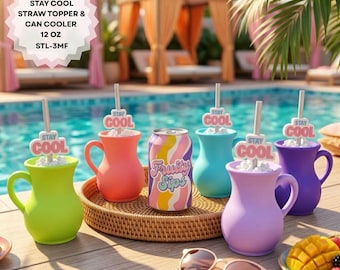 Support isotherme pour canette imprimable 3D 12 oz et décoration en paille STL 3MF, accessoire de gobelet d'été pour rester au frais, téléchargement immédiat
