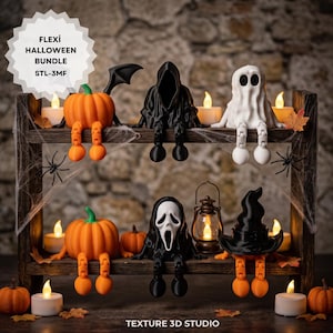 May include: A Flexi Halloween Bundle STL-3MF set featuring articulated figures including orange pumpkins, a black hooded figure, a white ghost, a screaming mask figure, and a witch hat figure, all displayed on a two-tier wooden shelf with candles.