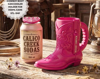 Cowboy Boot Can Cooler Holder for 350ml Cans with Heart Can Tab Opener | Pink Western Drink Holder, Rodeo Bachelorette Gift, STL Files