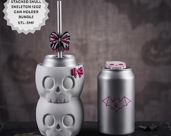 Halloween Stacked Skull 12oz Can Holder 3D Print STL | Drip Bow Straw Topper & Skull Opener Bundle | Spooky Soda Can Cooler 3MF-STL