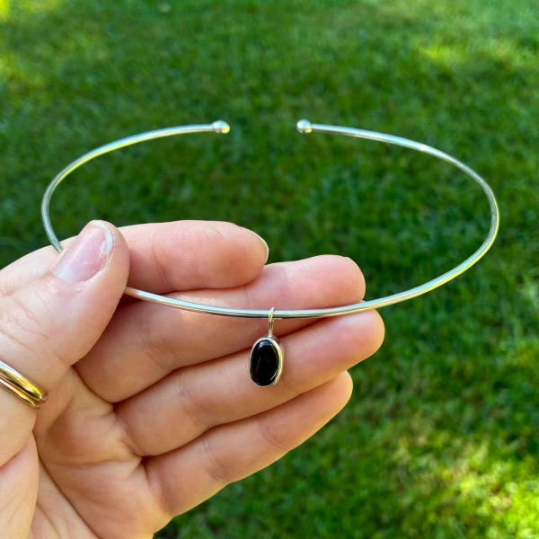 925 Sterling Silver Black Onyx Choker, Minimalist Black Onyx Pendant Necklace, Adjustable Collar Necklace, Gemstone Jewelry Gift for Women