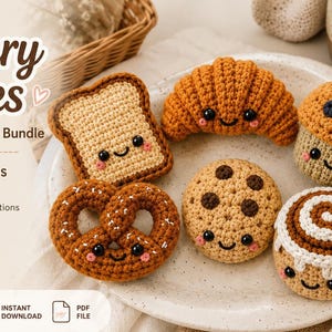 May include: A 6-in-1 crochet pattern bundle titled Bakery Bites featuring six plush baked goods including a slice of toast, a croissant, a blueberry muffin, a pretzel, a chocolate chip cookie, and a cinnamon roll, all with embroidered faces.