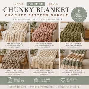 May include: A digital bundle of six chunky crochet blanket patterns featuring various textures including ribbed, bubble, cable, lattice, bobble, and striped designs. The image displays six distinct blankets draped over furniture with descriptive text labels.