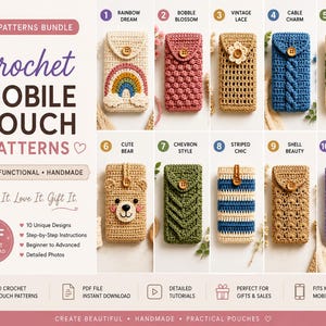Può includere: Un pacchetto digitale di 10 schemi all'uncinetto per custodie da cellulare con vari design, tra cui un arcobaleno, texture a bolle, trecce, muso d'orso e motivi floreali. Ogni custodia è rettangolare e dotata di chiusura a bottone.
