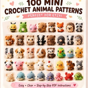 Könnte beinhalten: Ein digitaler Leitfaden mit dem Titel 100 MINI CROCHET ANIMAL PATTERNS, der ein Raster aus verschiedenen kleinen, bunten Häkeltieren zeigt, darunter eine Biene, ein Frosch, ein Fuchs, eine Eule und eine Schildkröte. Der Text enthält Easy, Clear, Step-by-Step PDF Instructions.