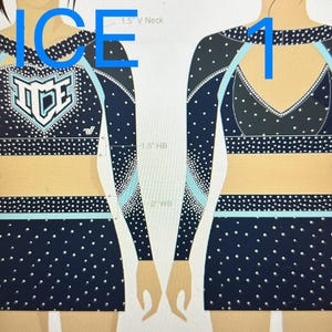 May include: A black and white cheerleading uniform with a blue and white trim. The top has a white "ICE" logo on the front. The skirt is black with white dots and a blue trim.